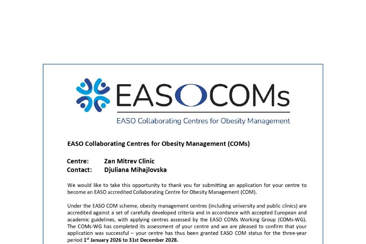 Клиника Жан Митрев официјално акредитирана како Европски центар за третман на дебелина – EASO Collaborating Centre for Obesity Management (COM)