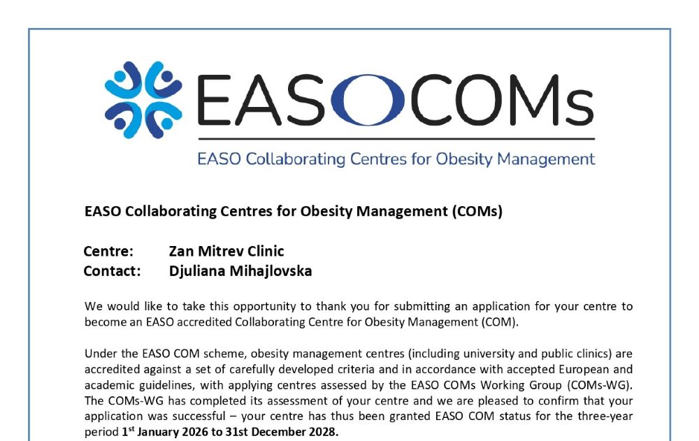 Клиника Жан Митрев официјално акредитирана како Европски центар за третман на дебелина – EASO Collaborating Centre for Obesity Management (COM)